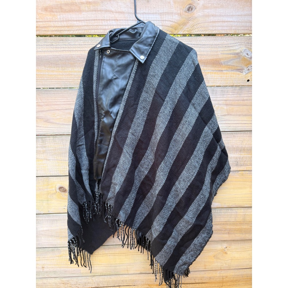 Akira Amsterdam Moto Striped Poncho Faux Leather Collar Asymmetrical Zip O/S NEW